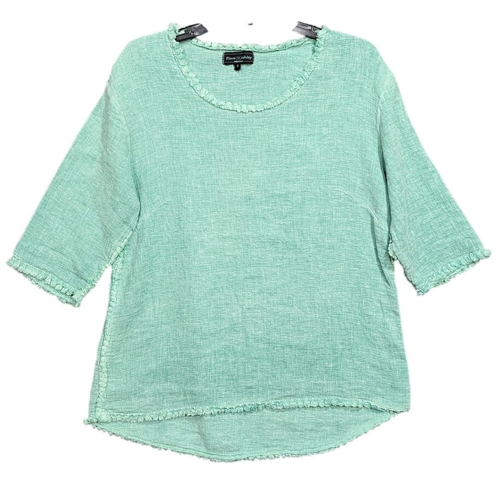 Flora Ashley Linen Blend 3/4 Sleeve Top Small Aqua Green Fringed Hem‎ Boho